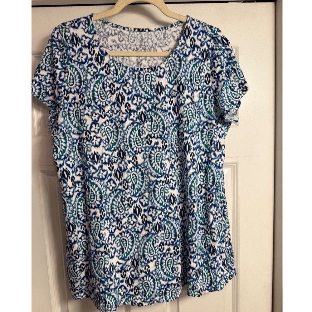 Pure Jill J Jill Blue Paisley Pima Cotton Elliptical Scoop Neck Tee Shirt M